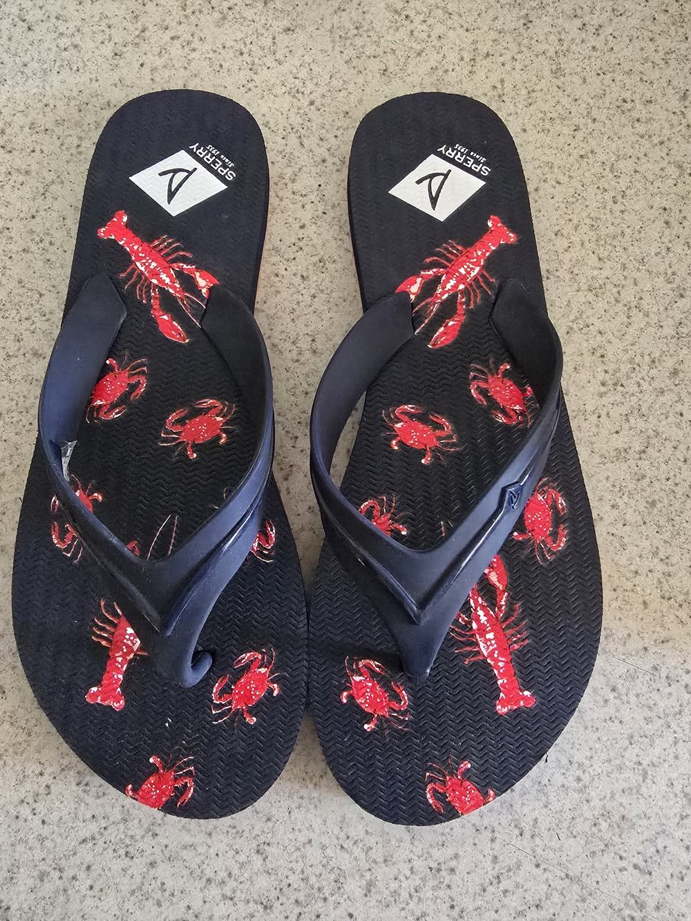 Sperry Black Flip Flops with Red Lobster & Crab Print